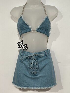 Hidden Cult Denim Co-ord Set Skirt & Halter Top Rhinestone Coachella Dolls Kill